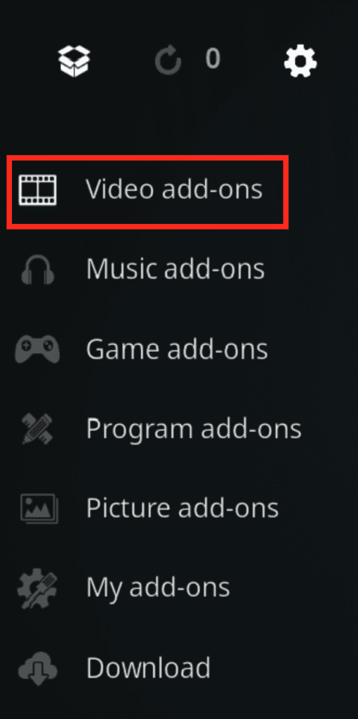 Video add-ons button highlighted