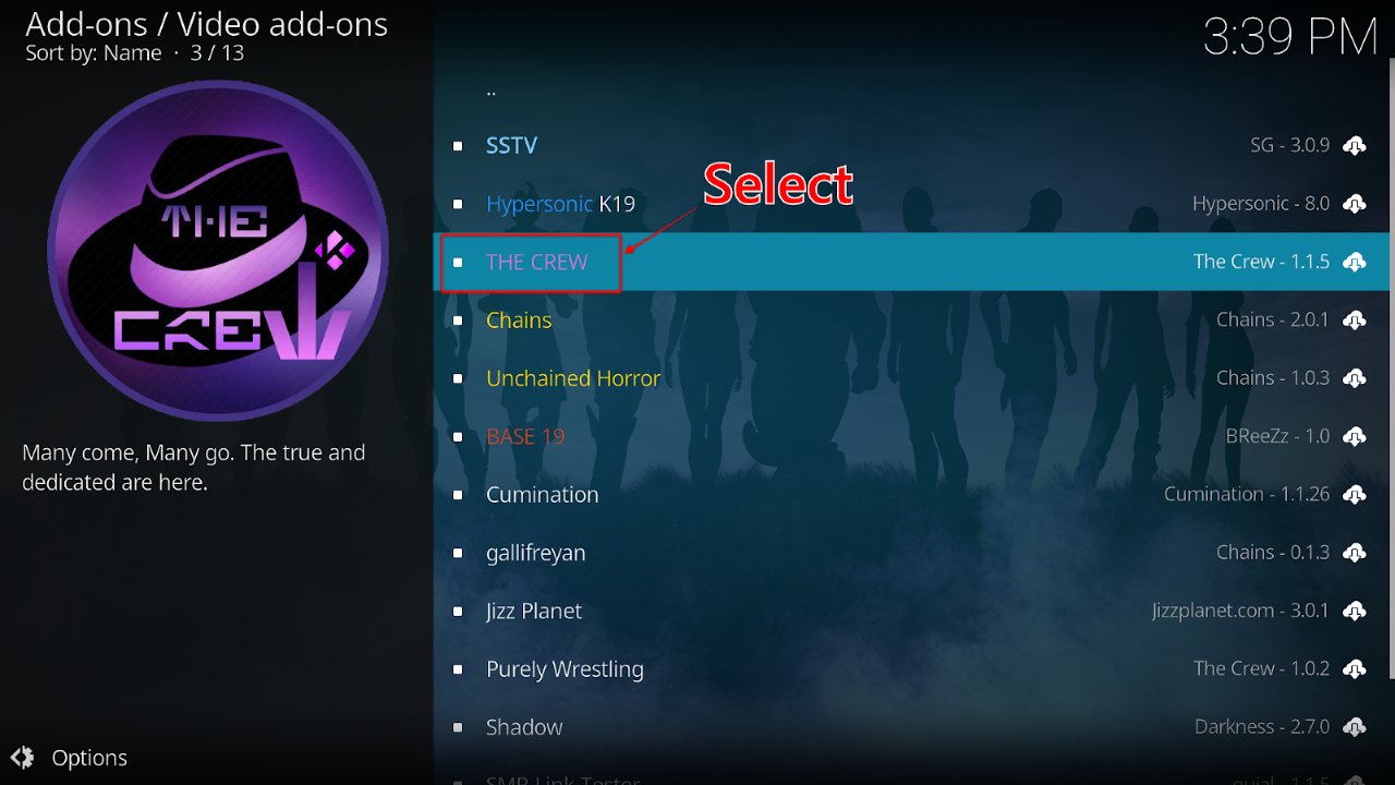 Video add-ons menu on Kodi showing THE CREW as one of the options to be selected