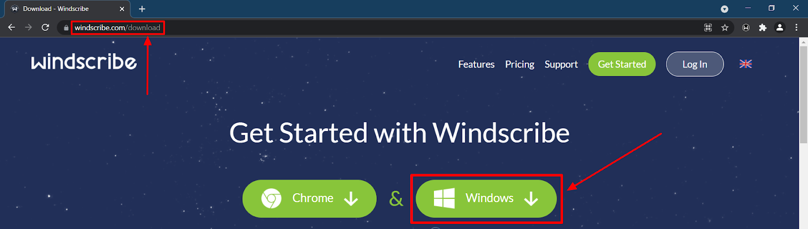 A view of Windscribe VPN’s download page interface showing download buttons for Chrome and Windows