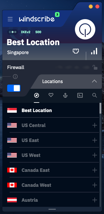 Windscribe for Mac client app interface with the Firewall button and Locations menu