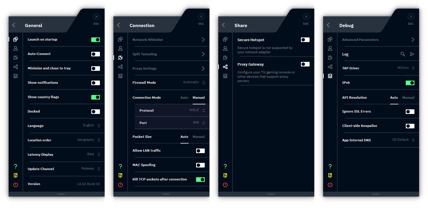 Screenshots of Windscribe for Windows client app interface highlighting the ‘options’ button of various settings