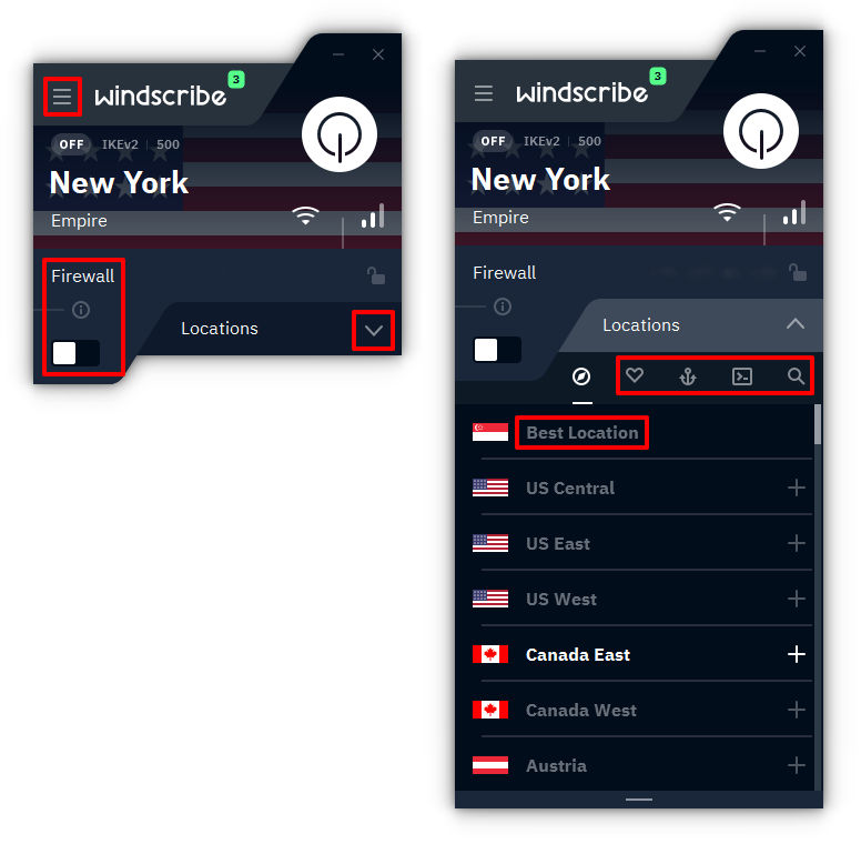 Screenshots of Windscribe for Windows client app interface highlighting the clickable Firewall button and the Locations dropdown menu with Best Location at the top of the list