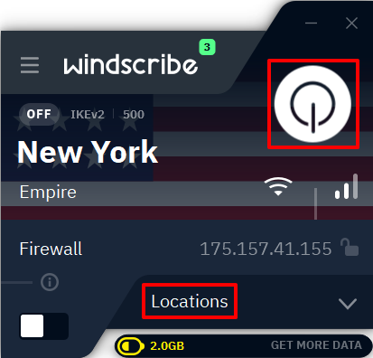 A view of a logged-in user interface highlighting a big power button and indicating the user’s chosen server location