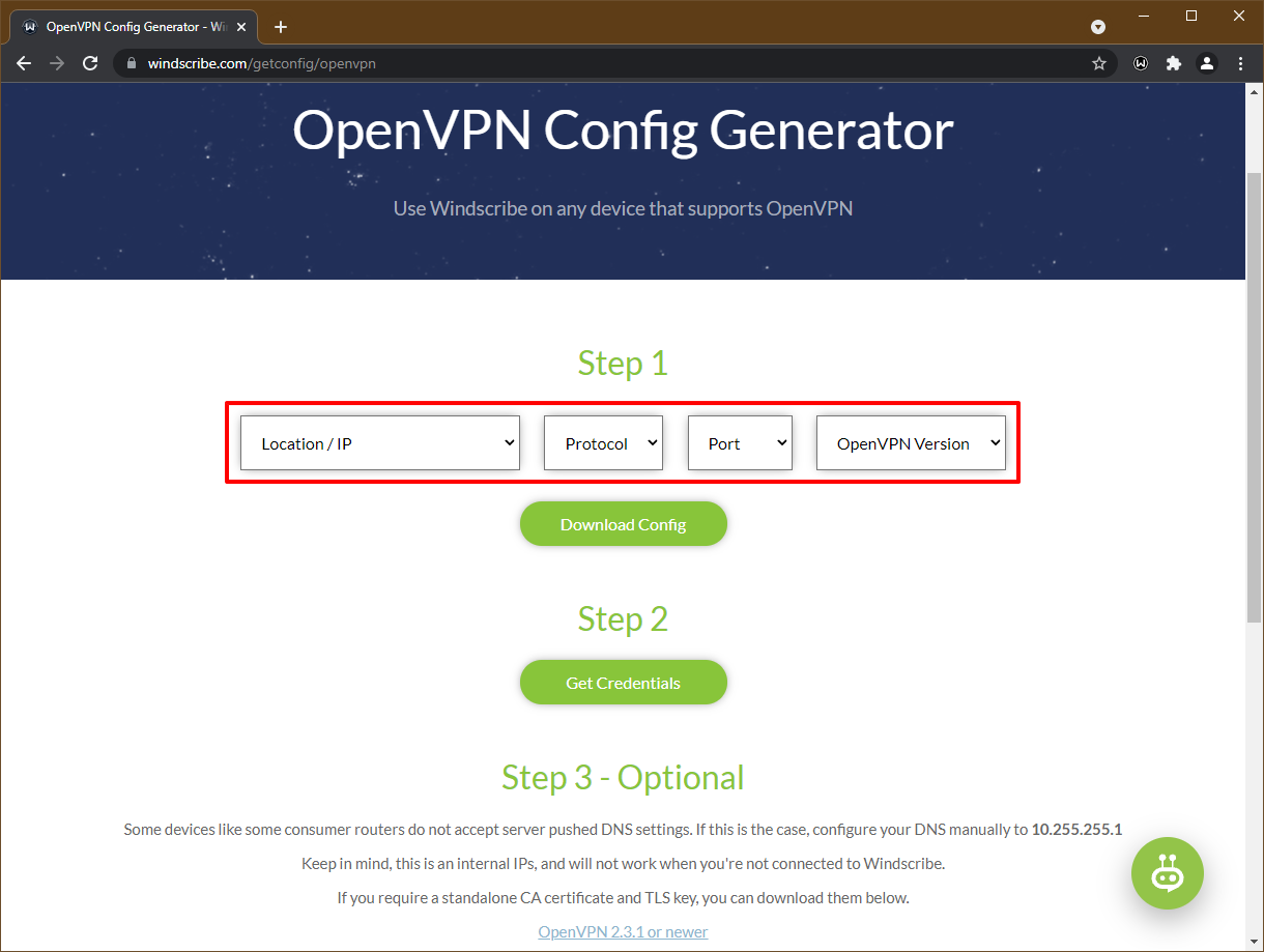 Windscribe’s OpenVPN Config Generator showing dropdown fields for Location, Protocol, Port and OpenVPN Version