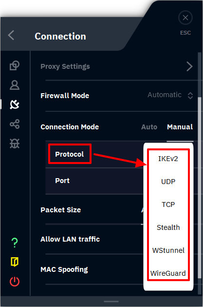 Windscribe’s Protocol options: IKEv2, UDP, TCP, Stealth, WStunnel and WireGuard