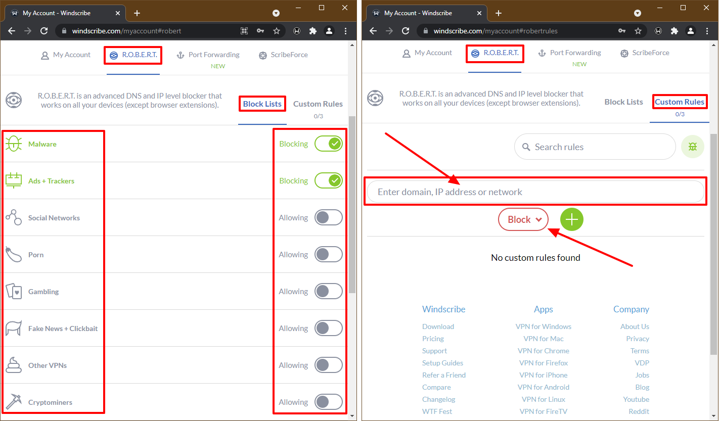 Windscribe’s R.O.B.E.R.T. interface highlighting the ready options for Block Lists from Malware to Cryptominers and an option to customize blocked IPs