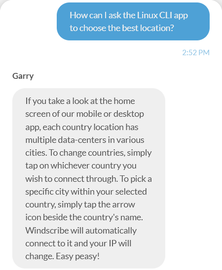 A sample of a response from Windscribe’s support bot, Garry