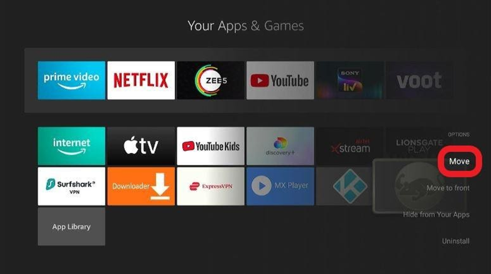 Your Apps & Games screen, Move button highlighted