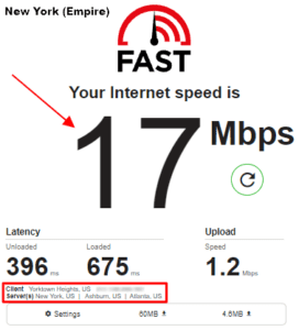 Screenshots of speed test results made on Windscribe showing 17 Mbps for their New York US server