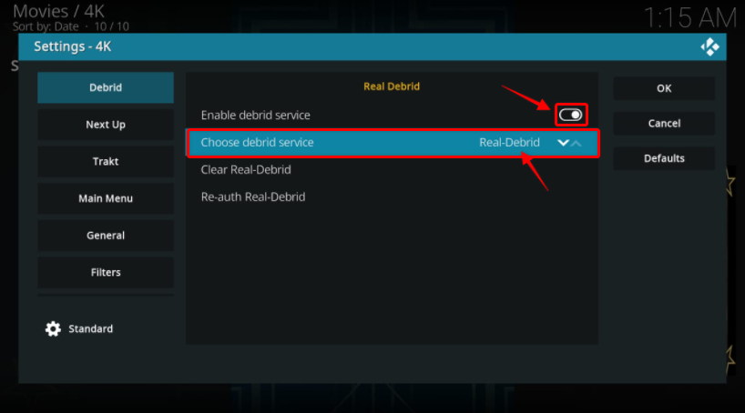 4K Kodi addon screen Choose Debrid service and toggle button highlighted