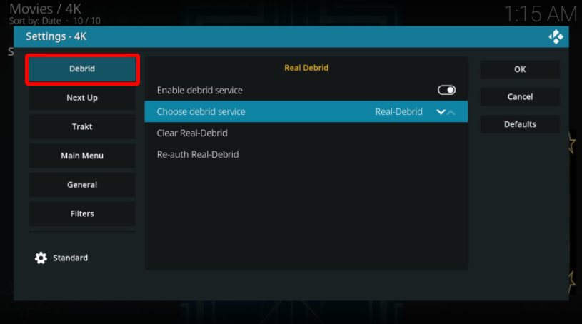 4K Kodi addon screen Settings Debrid highlighted