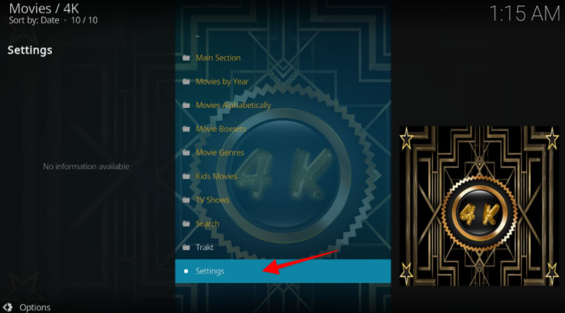 4K Kodi addon screen Settings highlighted