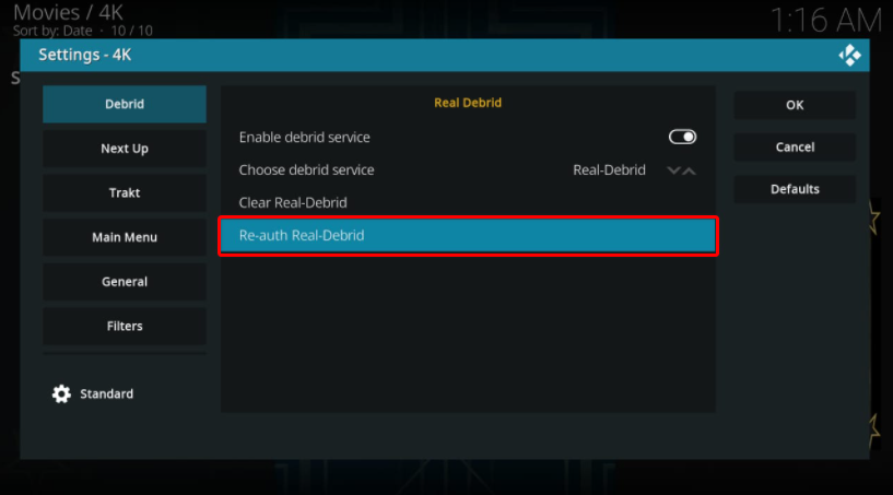 4K Kodi setting screen Re-auth Read Debrid highlighted