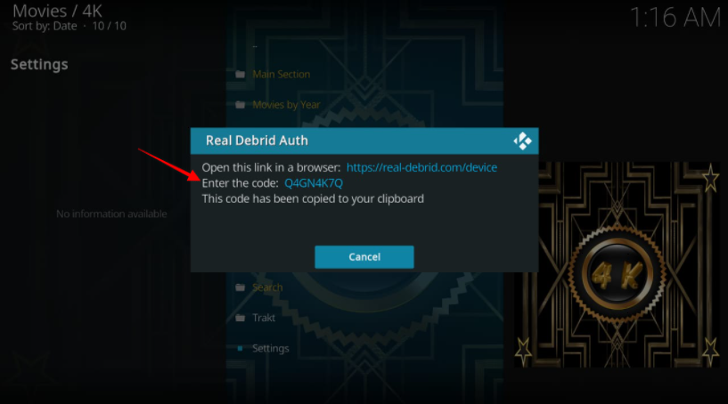 4K Kodi setting screen authorization code to connect 4K addon to the Real-Debrid account