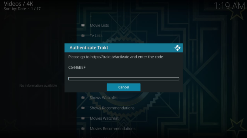 4K addon main page, Trakt authentication code prompt