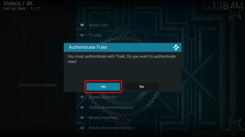 4K addon main page, Trakt authentication prompt