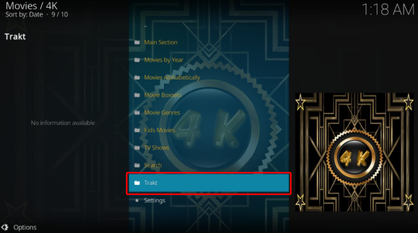 4K addon main page, with a folder named Trakt highlighted