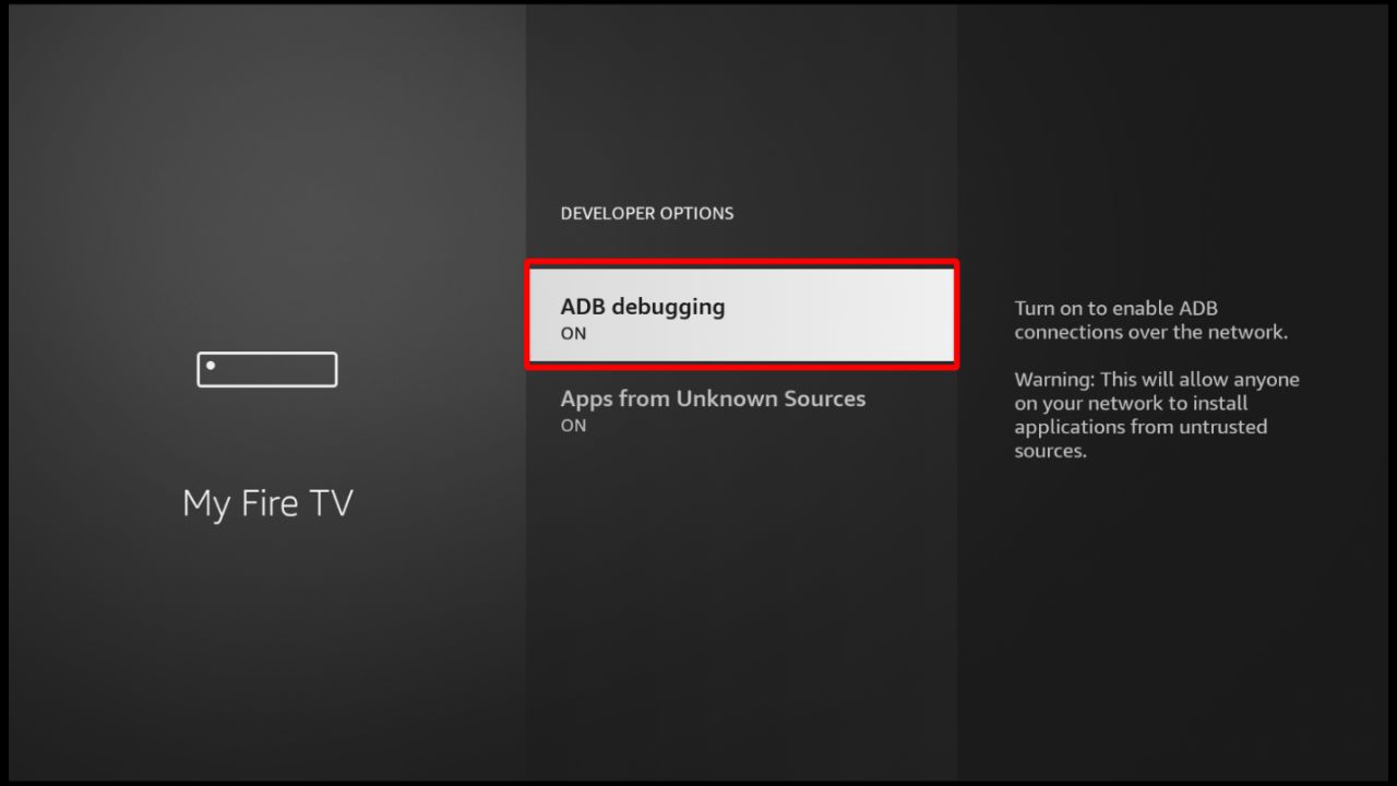 The ADB debugging option indicated as turned on in the Developer Options settings on My Fire TV