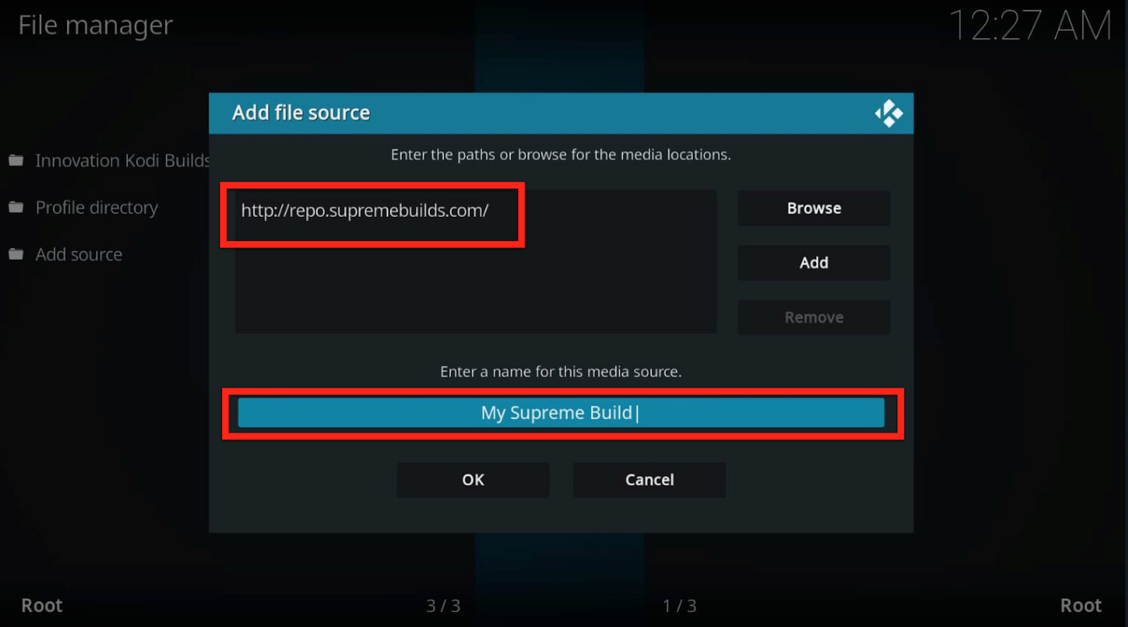 Add URL in Kodi File Manager to download Supreme Builds Wizard