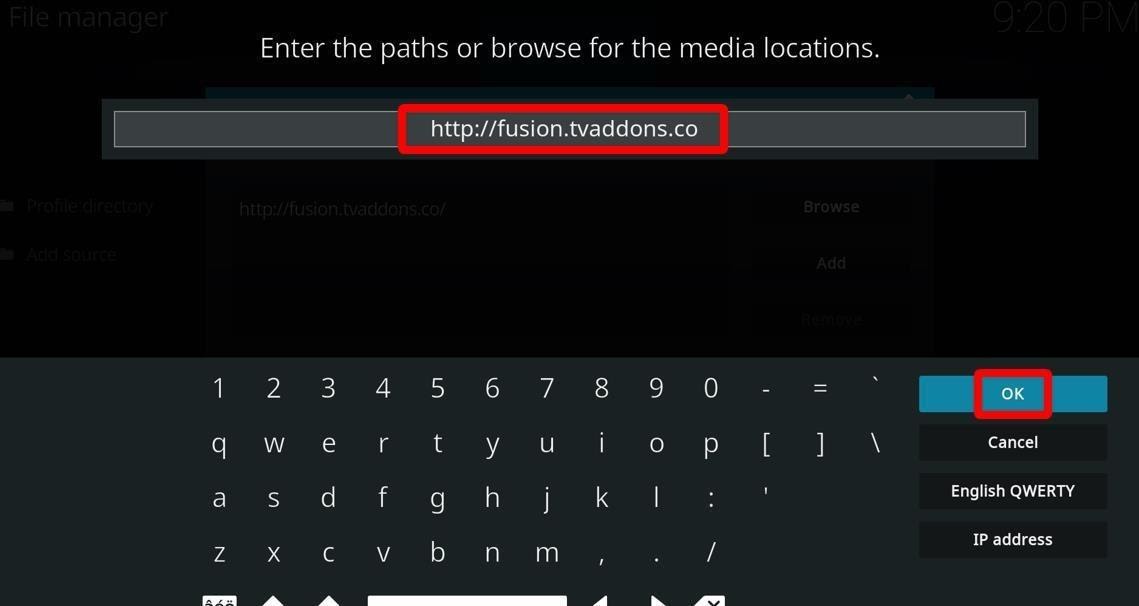 Adding URL fusion.tvaddons.co in Kodi add source window