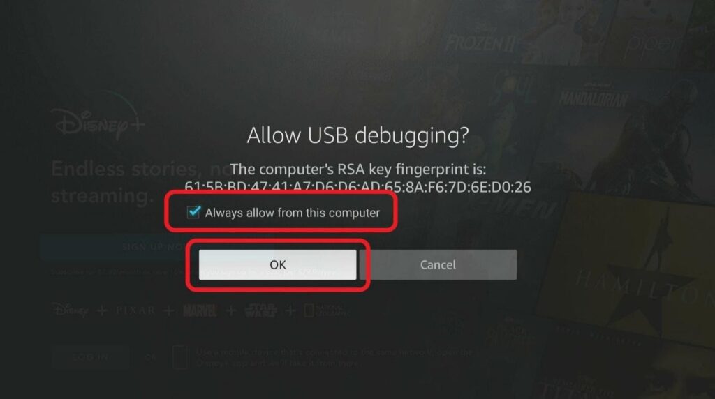 Allow USB debugging screen Always allow from this computer highlighted