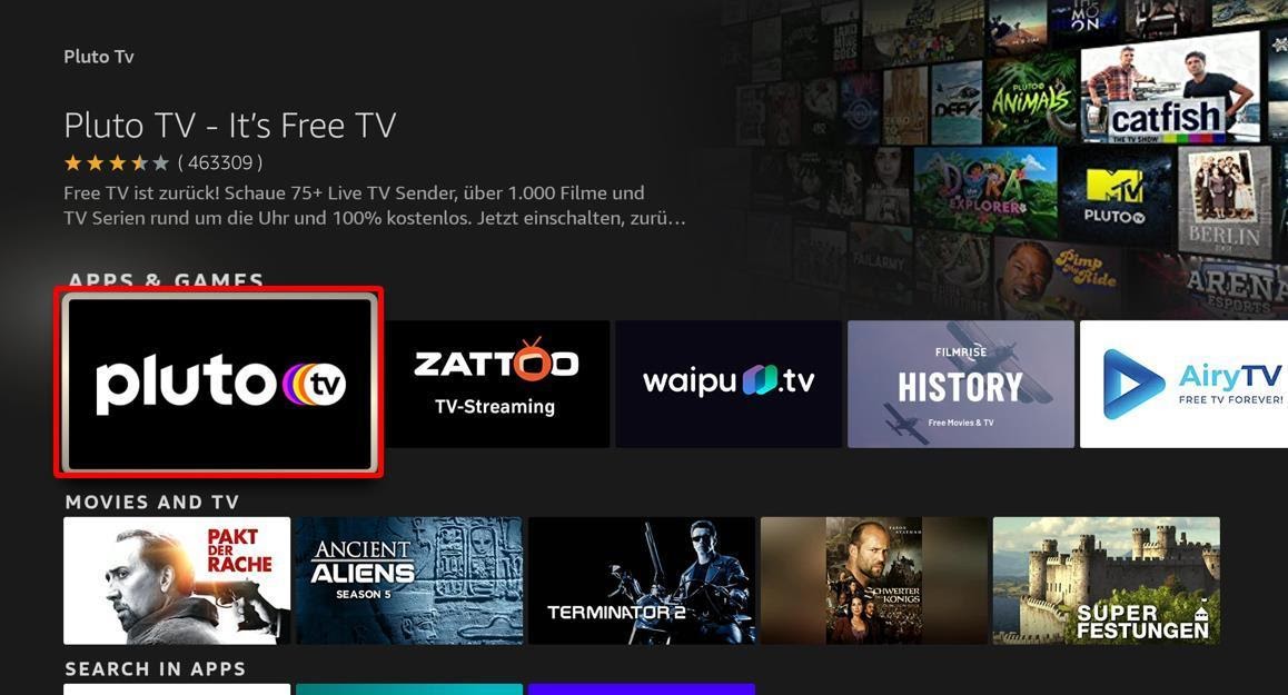 Amazon Appstore, click on the Pluto TV icon