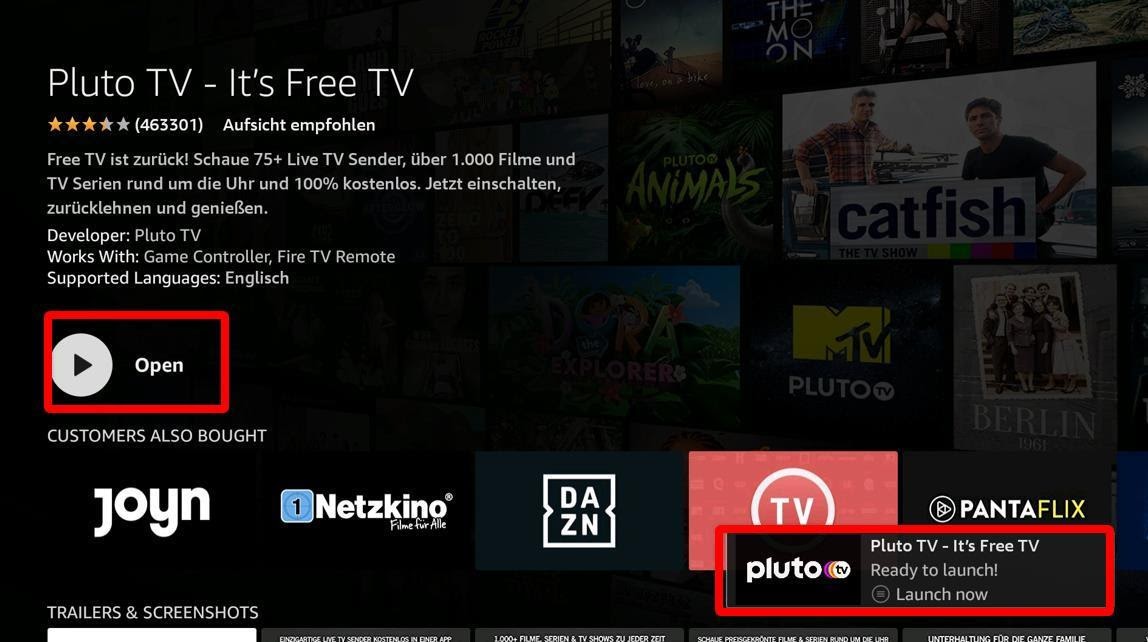 Amazon Appstore, the Pluto TV click open