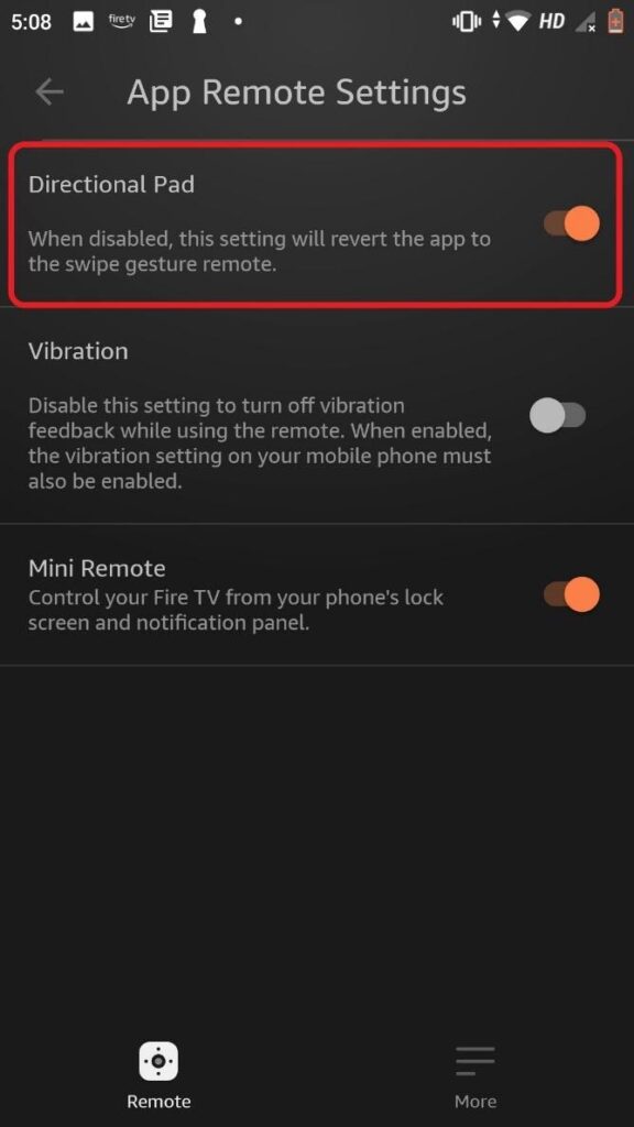 Amazon Fire TV Remote app Directional Pad highlighted