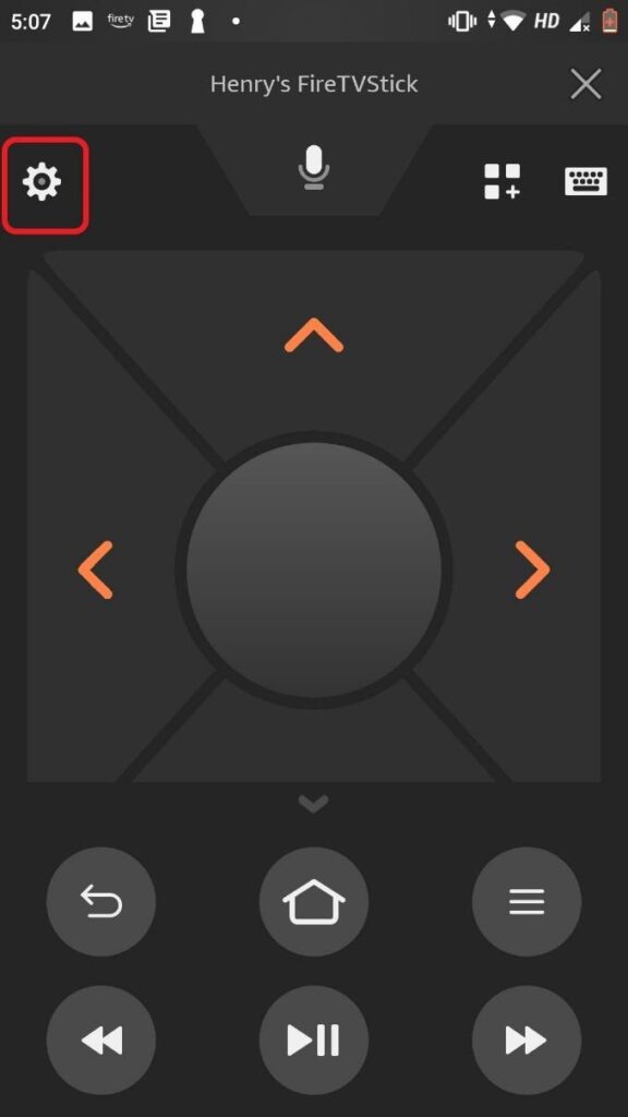Amazon Fire TV Remote app gear icon highlighted