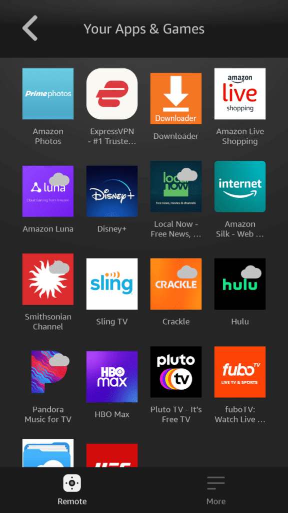 Amazon Fire TV Remote app installed apps interface