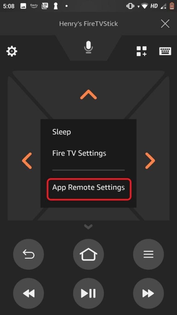 Amazon Fire TV Remote app remote settings highlighted