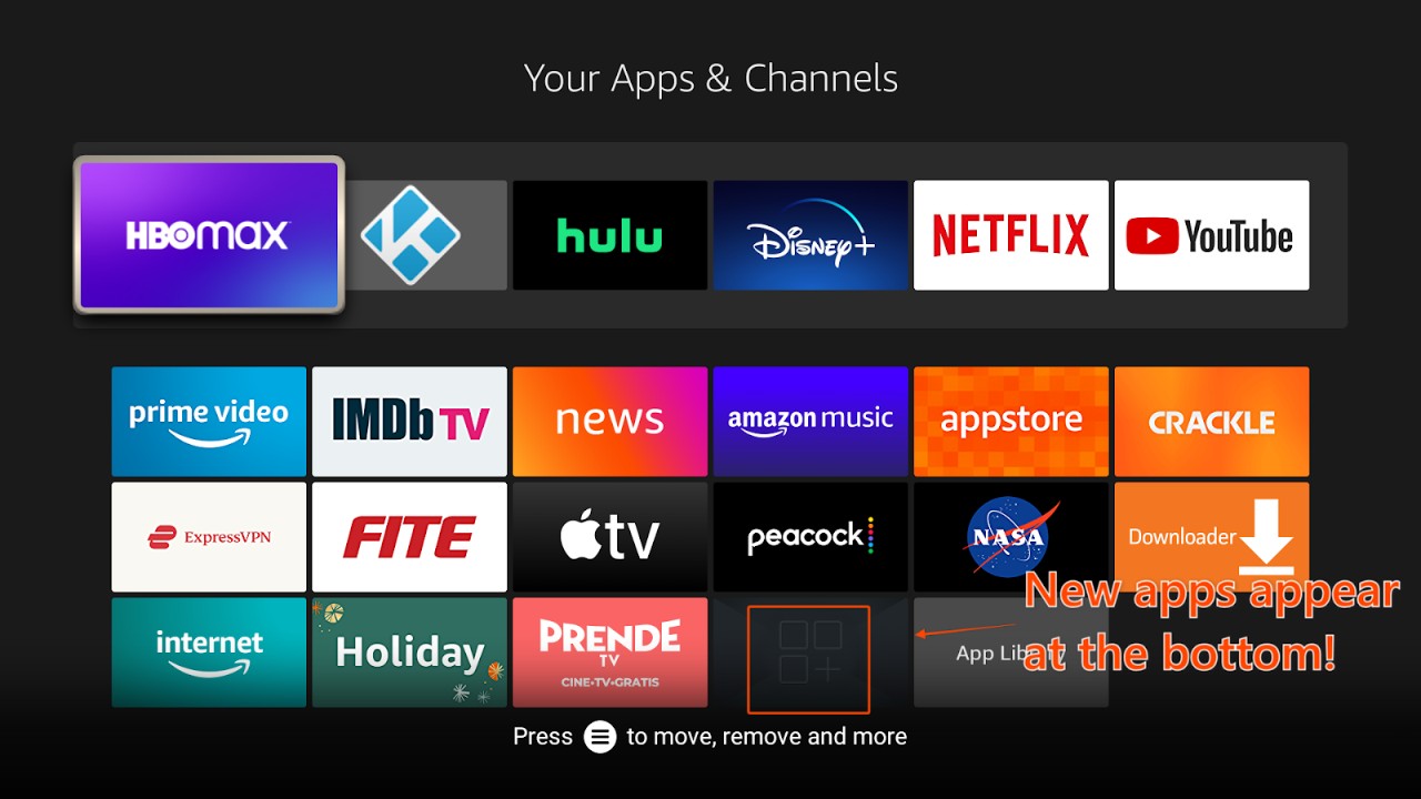 Amazon Firestick’s Apps & Channels tile menu showing newly installed apps