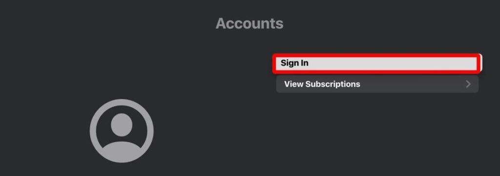 Apple TV Account page, Sign in highlighted