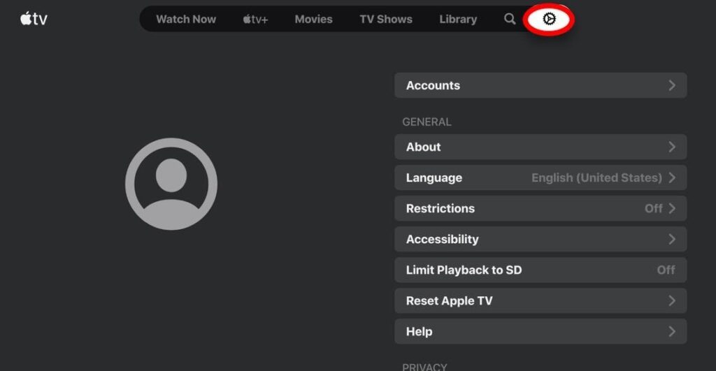 Apple TV Settings page