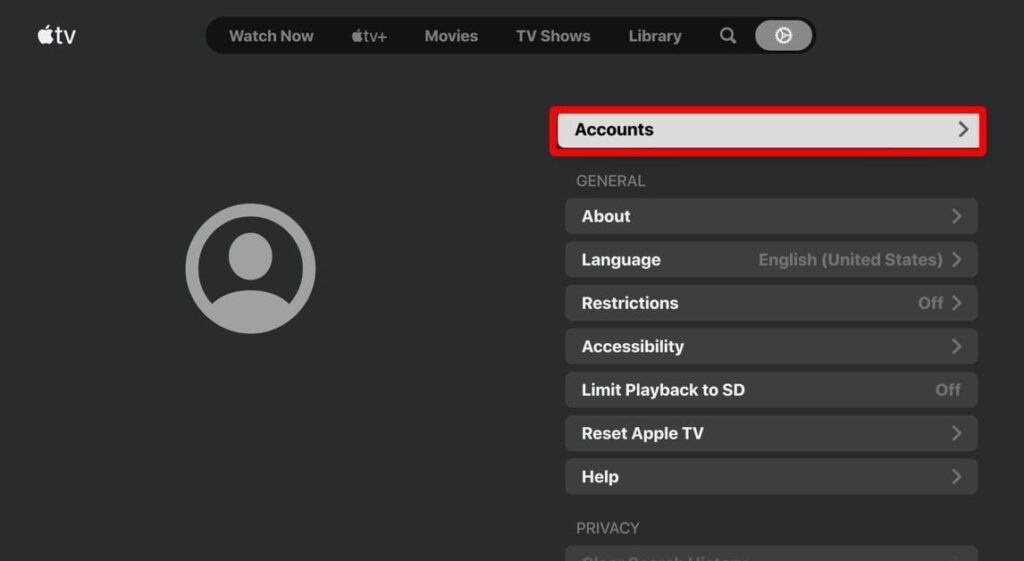 Apple TV Settings page, Account highlighted