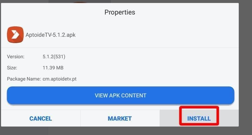 Aptoide APK properties install highlighted