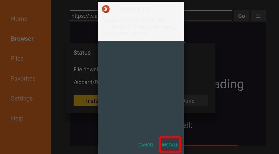 Aptoide App install button highlighted from Downloader app