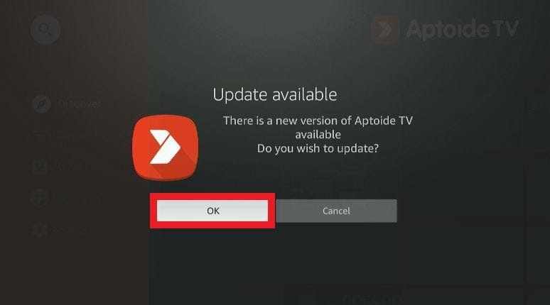 Aptoide TV update available screen