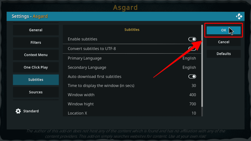 Asgard Kodi addon Subtitle settings menu showing the OK button highlighted