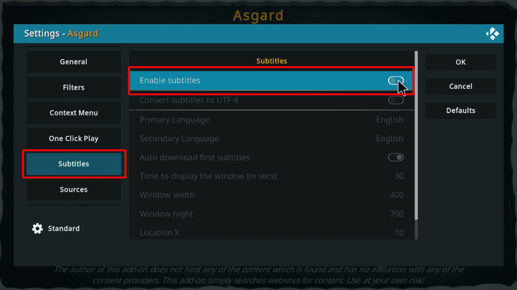 Asgard Kodi addon Subtitles settings menu showing the Enable subtitles option