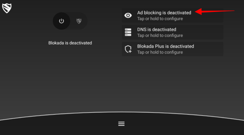 Blokada app main screen, Ad blocking is deactivated