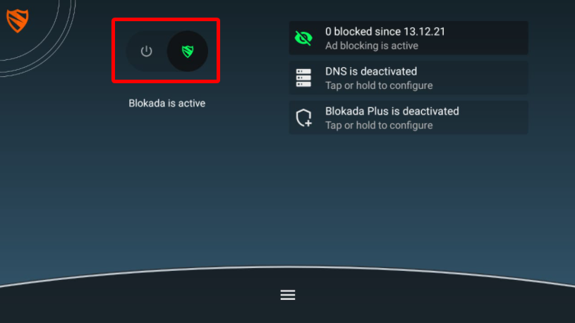 Blokada app main screen, select and click the power button