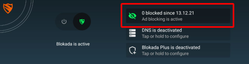 Blokada main interface look once Ad blocking is active