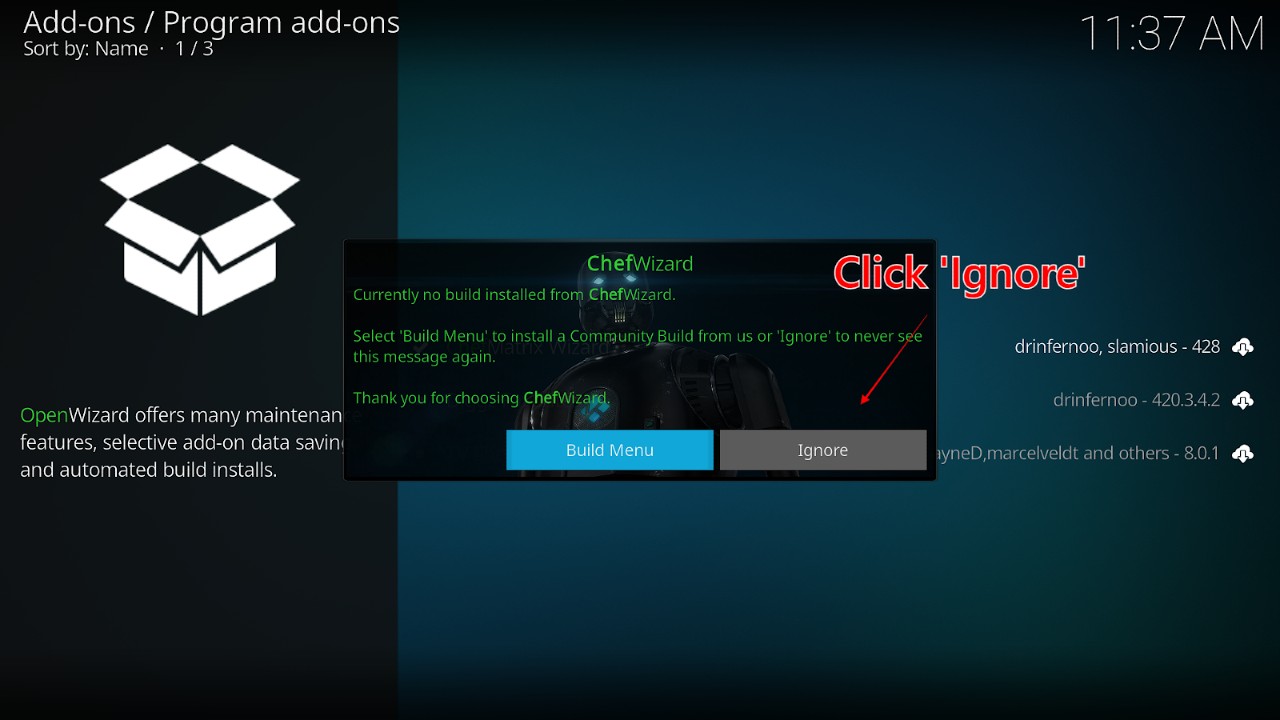 Click ‘Ignore’ on the pop-up window titled ‘Chef Wizard’