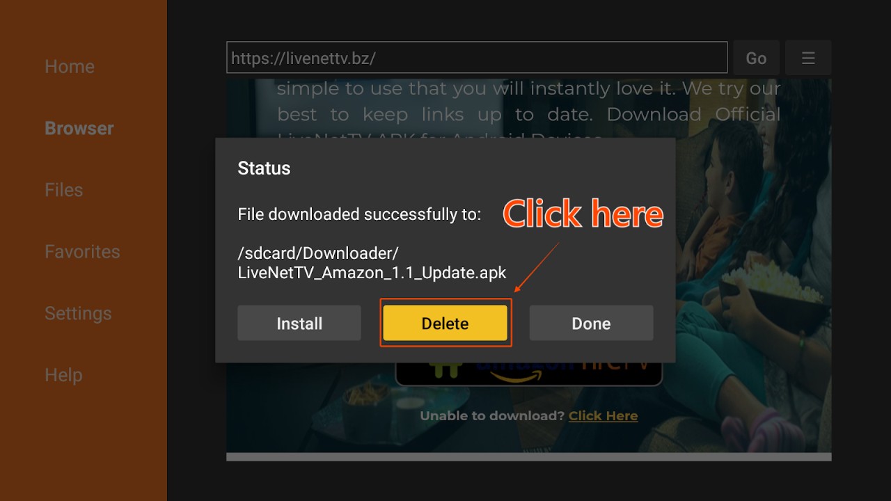 Confirmation dialog box for deleting LiveNetTV apk file on Firestick