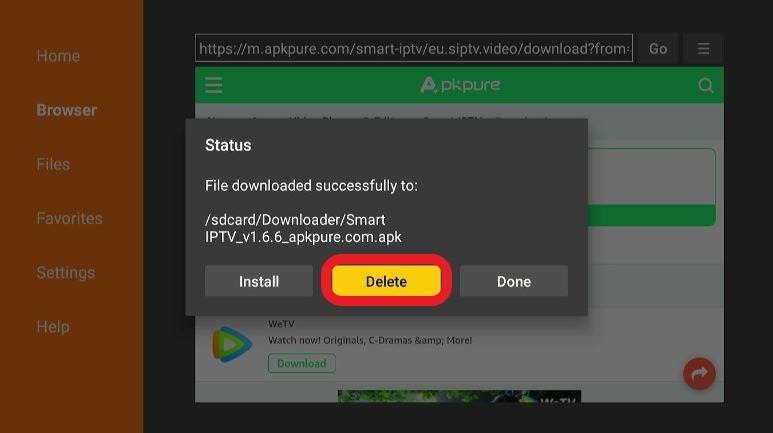 Confirmation dialog box for deleting Smart IPTV apk file on Firestick