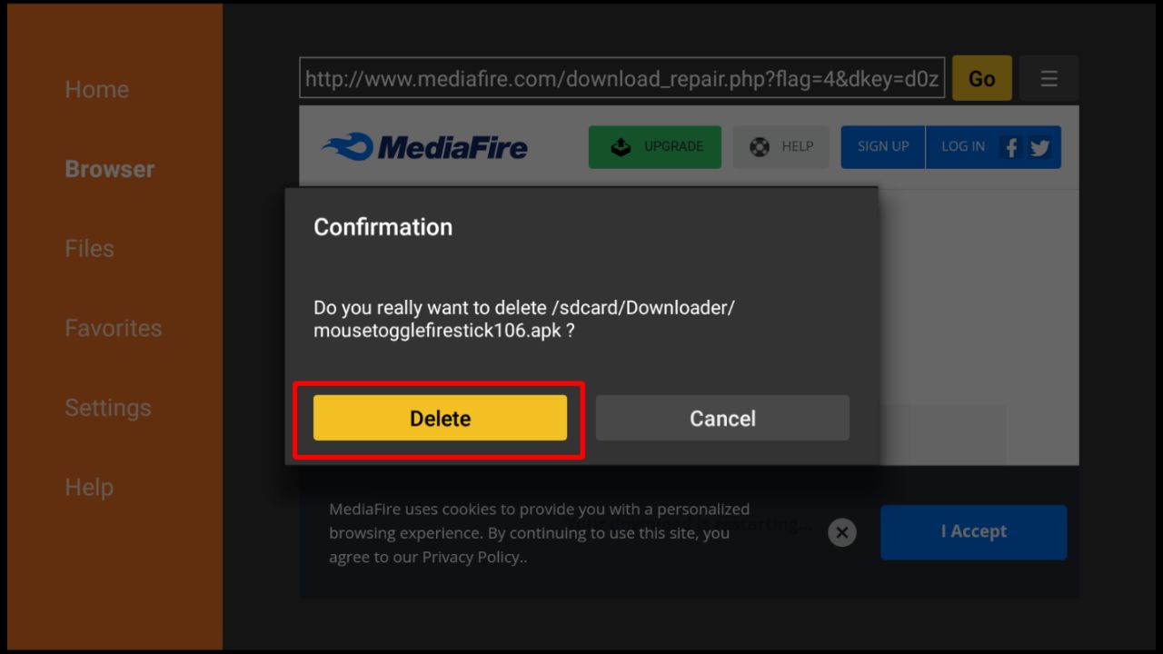 Confirmation dialog box for deleting the Mouse Toggle Firestick apk file with the Delete button highlighted for clicking