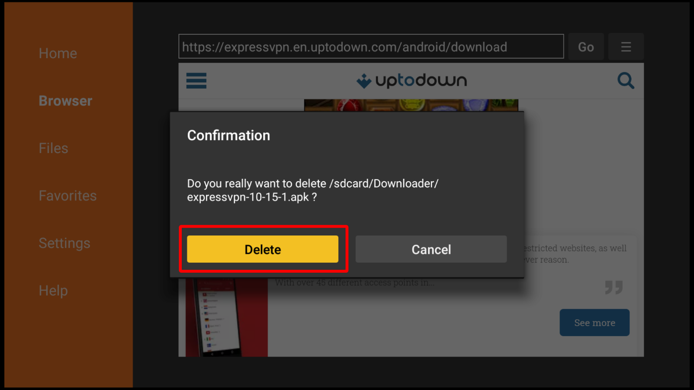 Dialog box confirming the ExpressVPN apk to be deleted with the Delete button highlighted for clicking