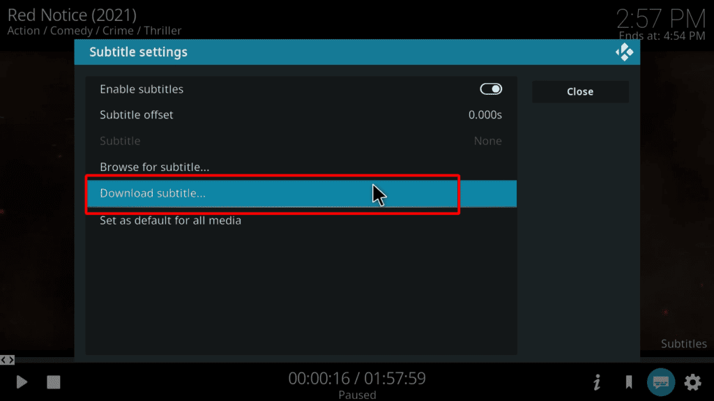 Dialog box for Subtitle settings for Kodi with the Download subtitle option highlighted