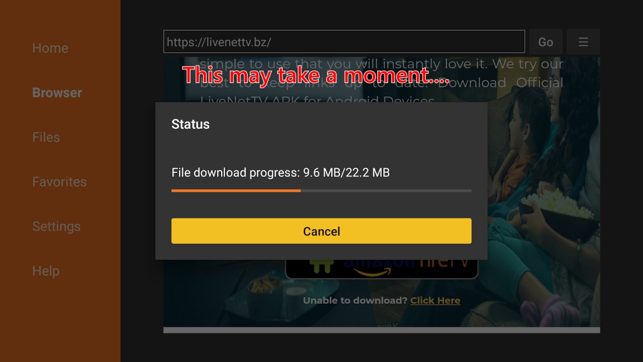 Download progress dialog box for Live Net TV on Firestick